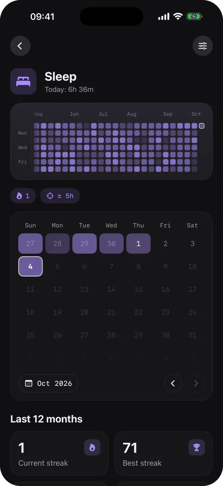 Sleep detail screen: a violet heatmap, the current month as a calendar, and streak statistics.