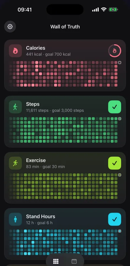 Wall of Truth home screen in dark mode: calories, steps, exercise and stand hours as heatmaps, one square per day.