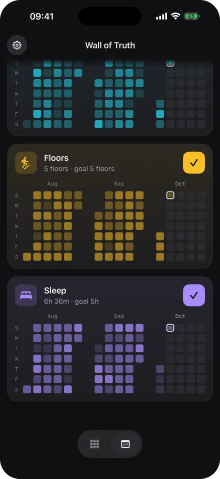Wall of Truth month view scrolled to the floors and sleep walls, laid out month by month.