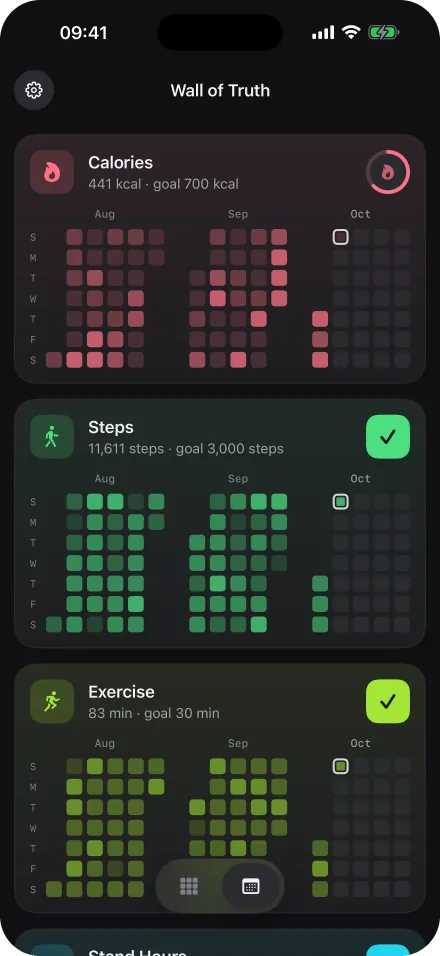 Month view: calories, steps and exercise laid out month by month.
