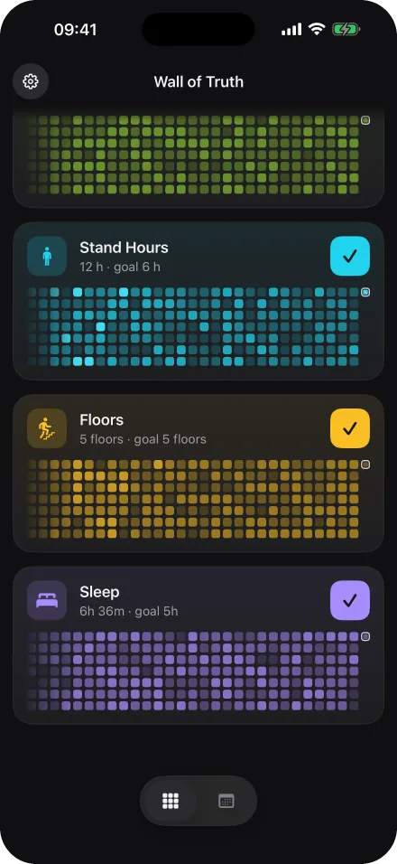 Wall of Truth home screen scrolled to the stand hours, floors and sleep walls.