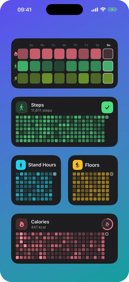 iPhone Home Screen with Wall of Truth widgets: an overview of three metrics, a steps wall, stand hours, floors and calories.